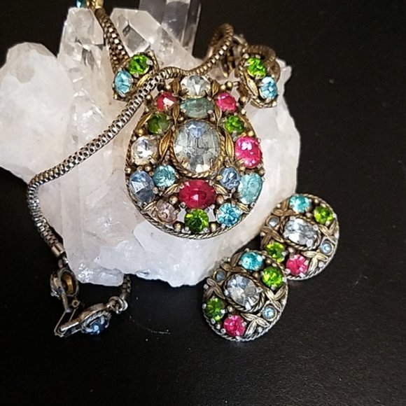 Vintage Hollycraft Pastel Rhinestone Necklace Earring Set - Picture 3 of 5